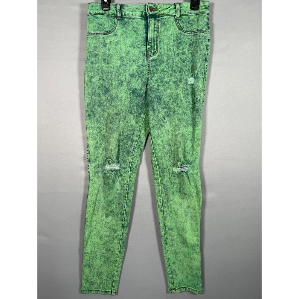 Women‎ Green Yellow Dyed Tapered Denim Jean Distressed Ripped Grunge 28x28"